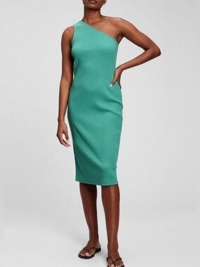 Gap One Shoulder Ribbed Dress XS Green Midi Fitted Stretch Minimalist Resort